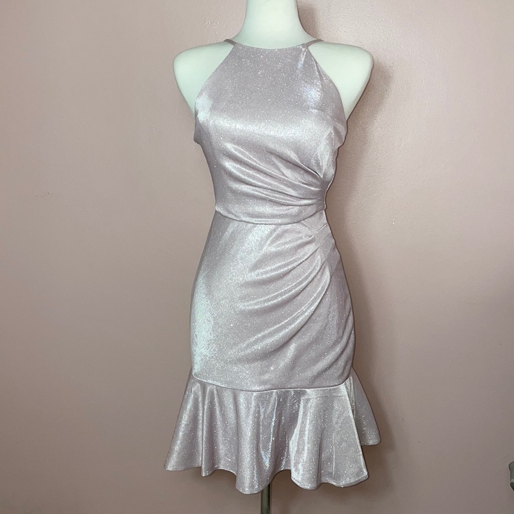 Nightway Shimmer Peplum Mini Dress